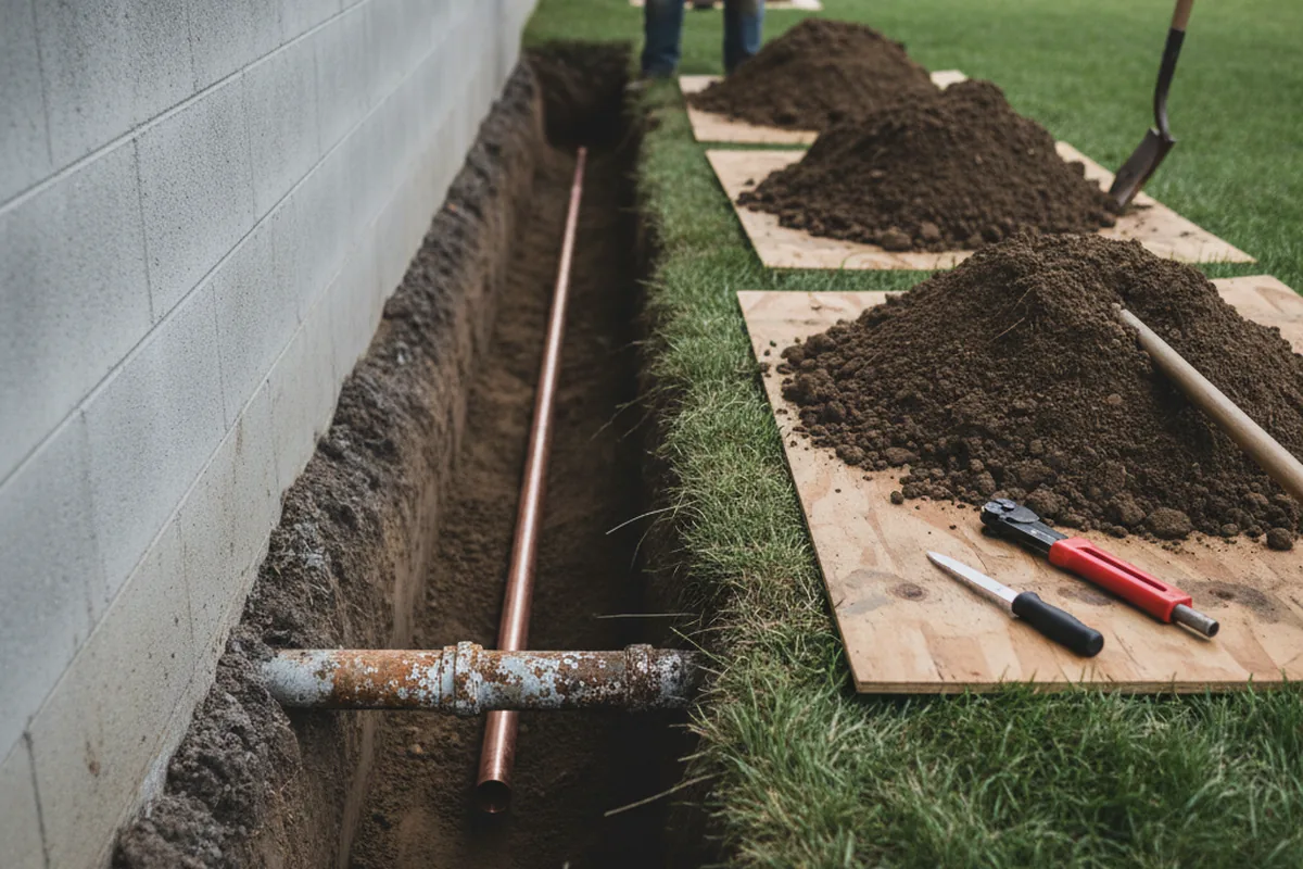 Excavated water line trench during Water Heater Repair in Vernon Center